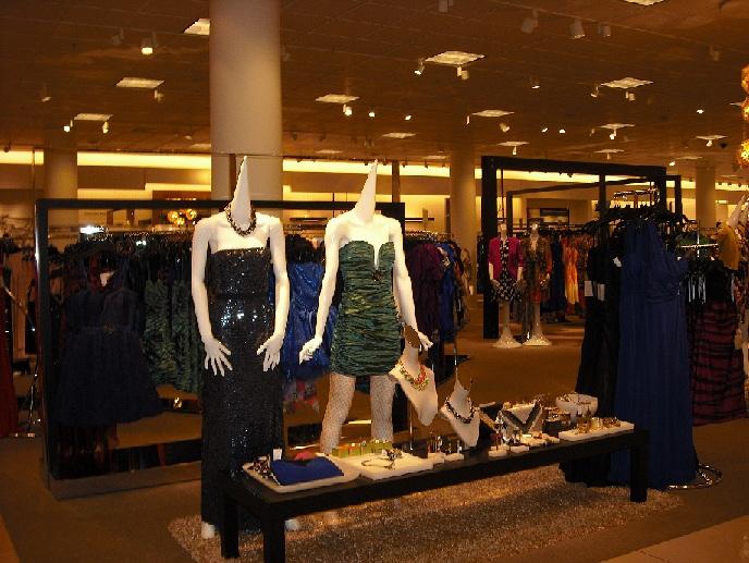 Near the front of the store, Nordstrom mannequins display two of this seasons Homecoming dresses. Expect to encounter an array of neutrals and blues in the pricey department store.