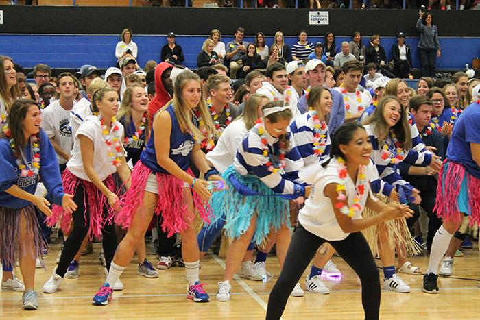 Seniors perform their annual skit during the Homecoming pep assembly on Thursday Sept. 29.