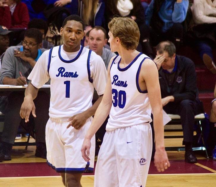 Ladue senior guards Zach Bush (left) and Tate Hotz (right) discuss during the MICDS Holiday Invitational Tournament. (Photo courtesy of Zach Bush)
