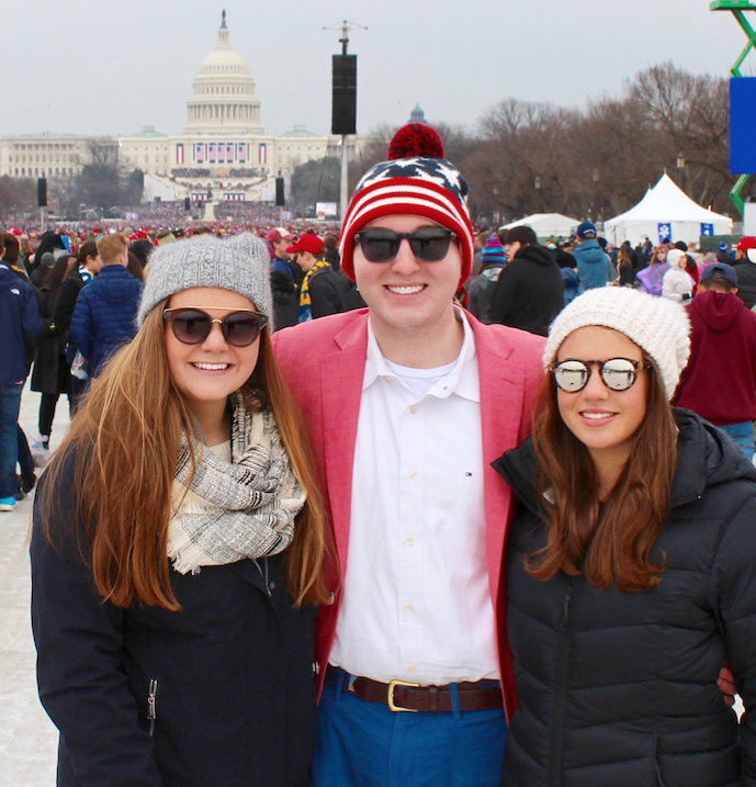 Seniors Jenny Rosenthal, Michael Burke and Ellie Richmond pose in front of the United States Capitol. At the Capitol, they watched the inauguration of Donald Trump. 