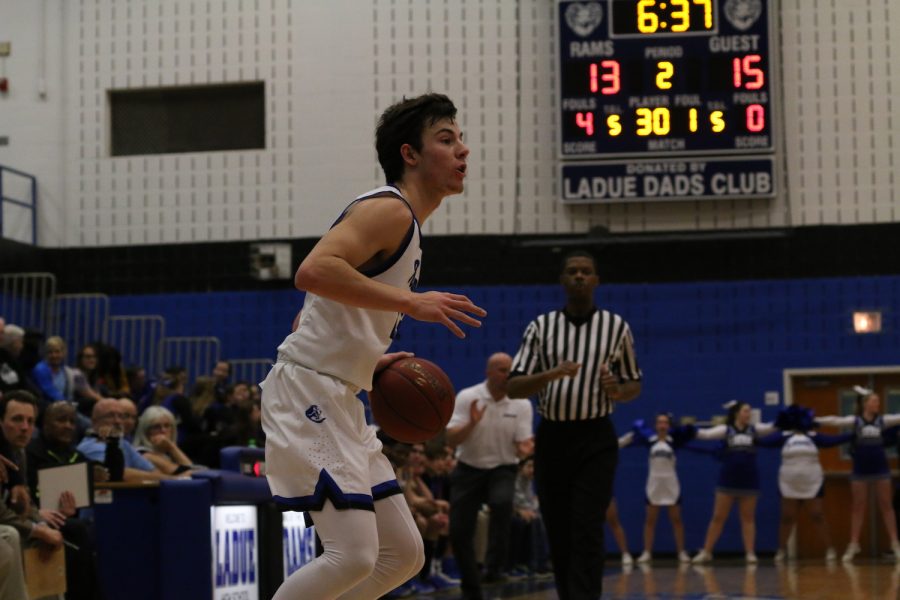Junior Trent Stiebler drives in the second quarter of the game. Ladue went on to win 60-47 against John Burroughs. 