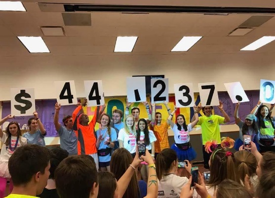 Ladue students on the executive board for Dance Marathon hold up the numbers representing the amount raised for the big reveal at the end of the event.
