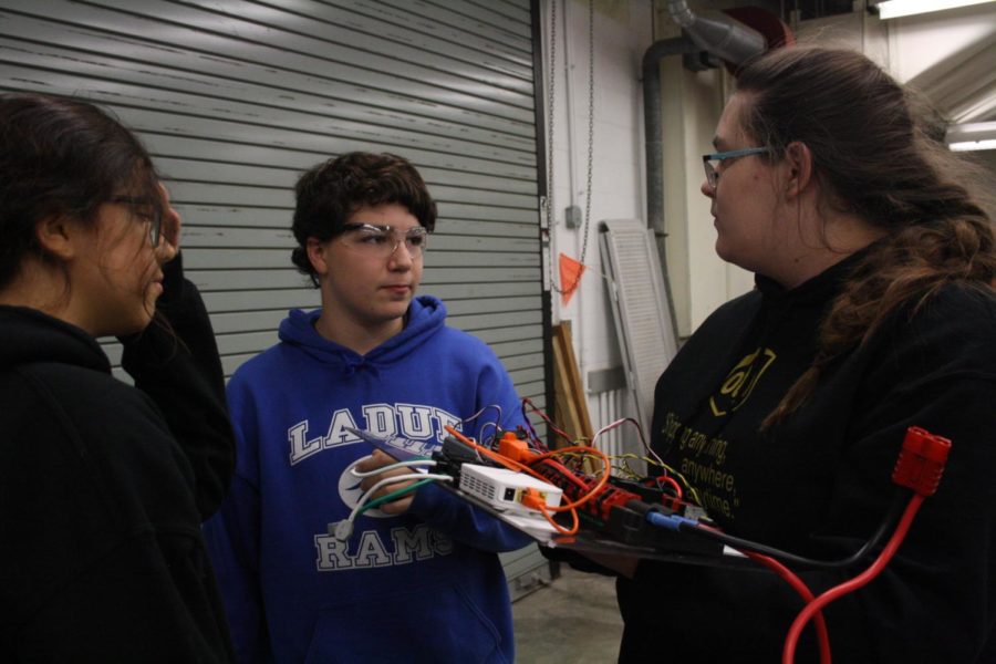 Students Ben Hocaoglu and Megan Ross discuss strategy for the  electronics for the upcoming robot.
Friday, Feb. 9