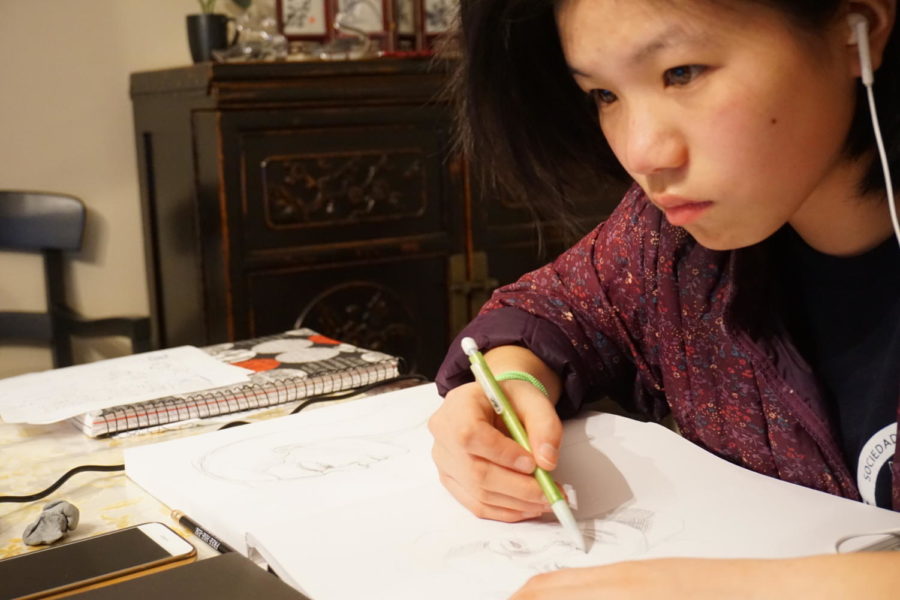 Junior Michelle Liu sits at her desk and sketches her daily drawing. Liu has drawn every single day for 191 days (as of March 28, 2018). Ive gained the ability to commit and dedicate my time to a skill that can be useful in the long run, Liu said.