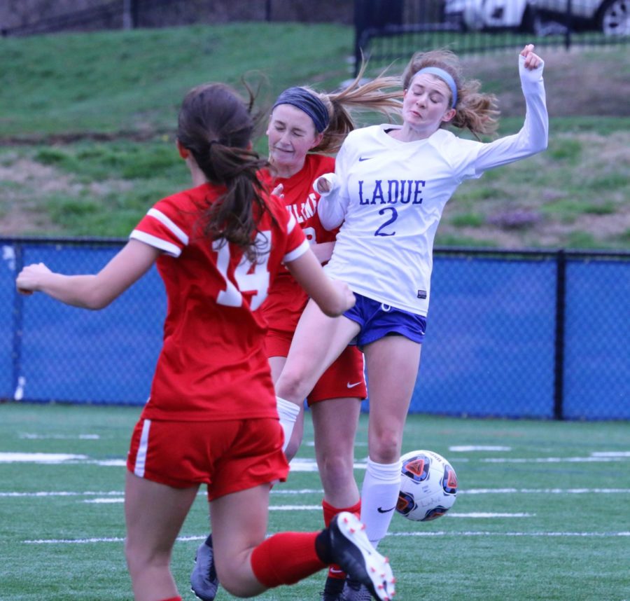 Ladues Varsity girls soccer team won against Ursuline Academy.  The final score was 3-0.  Hope Shimony jumps for the ball.