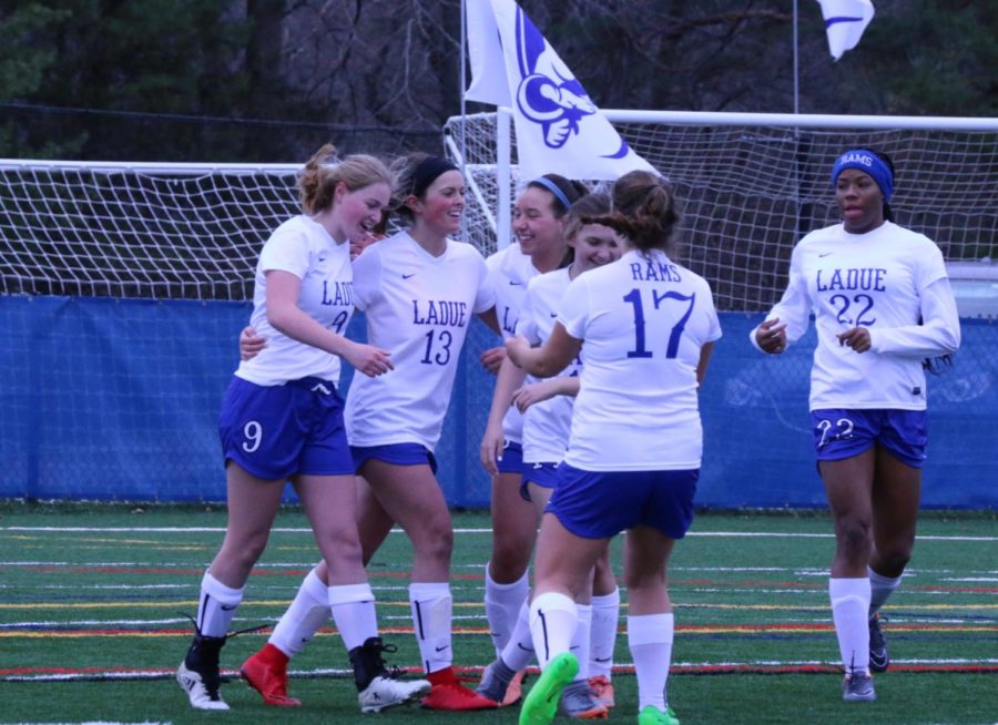 Ladues Varsity girls soccer team won against Ursuline Academy.  The final score was 3-0.  The girls congratulate Ava Koon, #13, on scoring the first goal of the game.