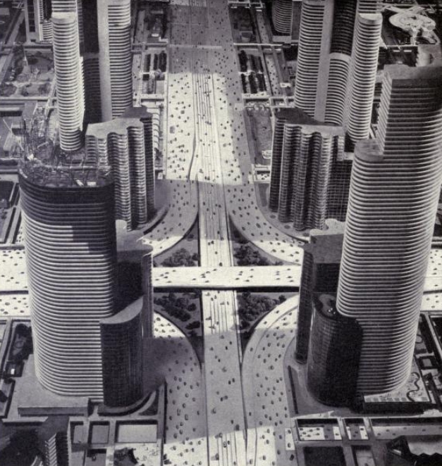 Depiction of what a 1939 designer thought America would like 20 years in the future. Sponsored by General Motors and displayed at the 1939 New York World Fair, titled Futurama.