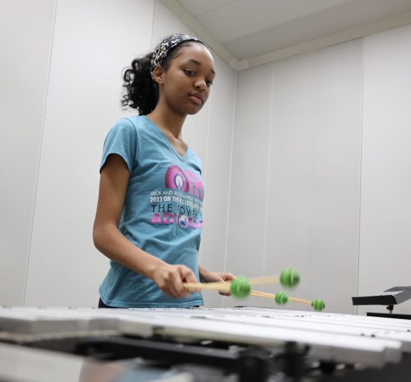 Amelia Drake (10) practices the vibraphone to prepare for her All-Suburban band audition. Drake is auditioning as a percussionist, which requires the ability to play a wide variety of instruments such as timpani, marimba and drums.