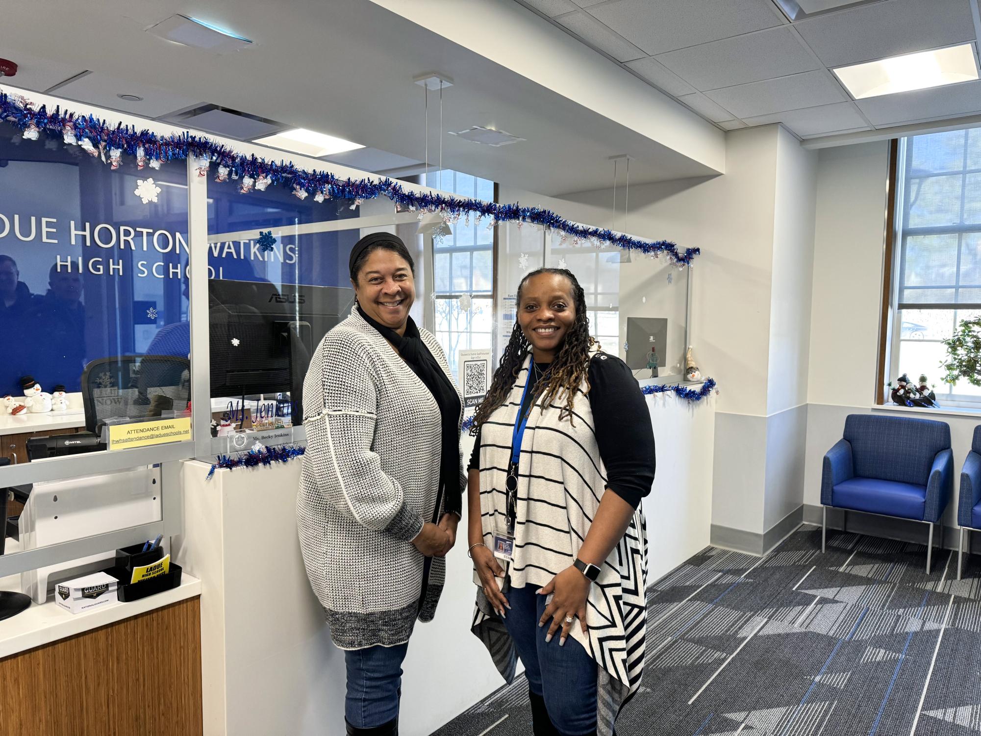 Becky Jenkins and Artina Clark-Lloyd end their day in the Ladue High School front office. Jenkins has been working there for 16 years, and Clark-Lloyd for three years. “[I wanted to work here for] a different environment,” Clark-Lloyd said.  