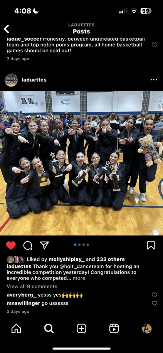 The+Laduettes+Dance+Team+displays+their+first-place+trophies+at+Holt+High+School.+They+have+had+a+record+year%2C+winning+first+place+in+every+competition+they+have+entered.+%E2%80%9CIt%E2%80%99s+really+fun+to+compete+because+everyone+is+cheering+for+you+and+it+adds+to+the+competition+experience.%E2%80%9D+Marah+Swillinger+%2810%29+said.