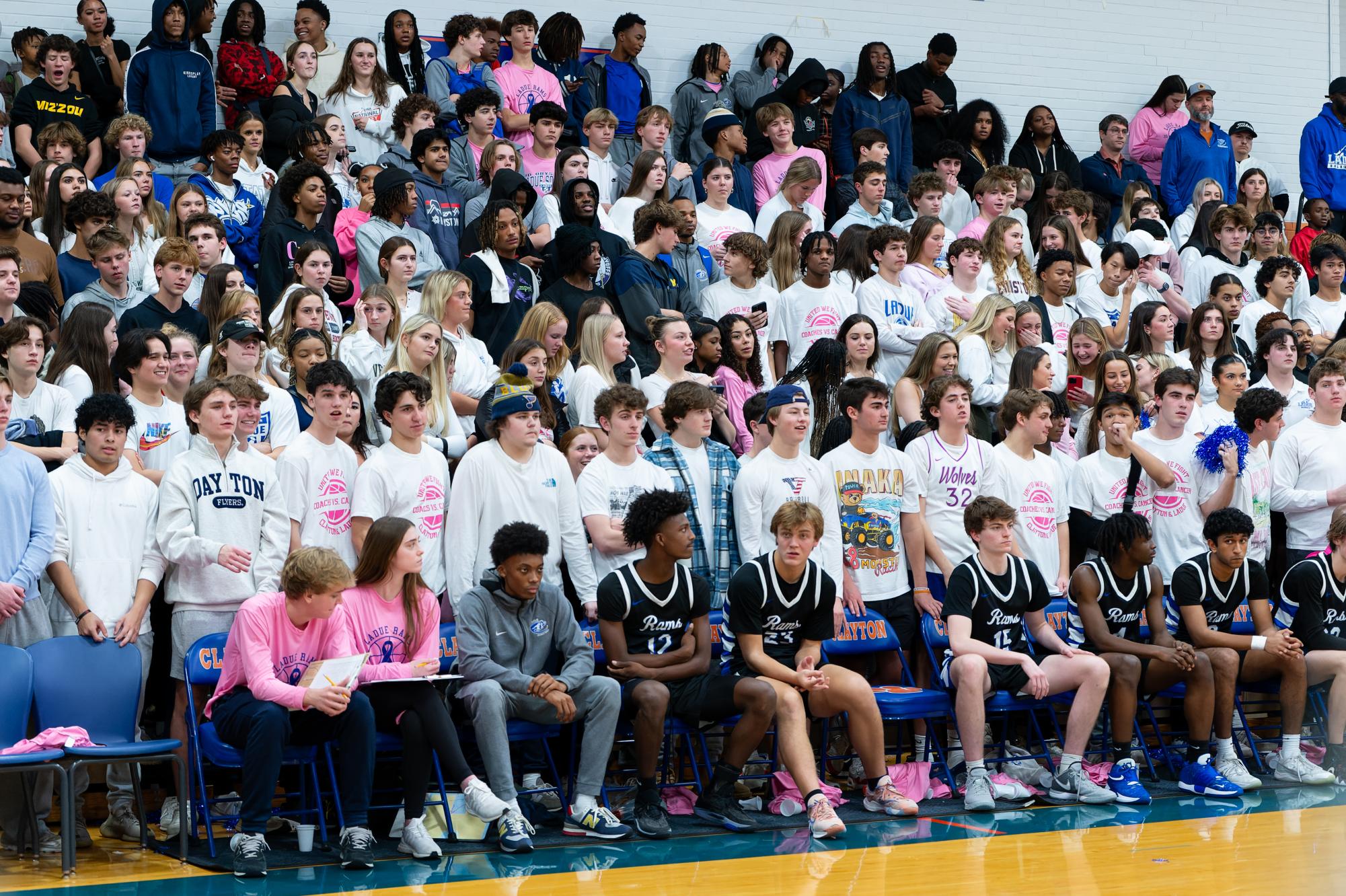 Ladue students attend the Ladue vs. Clayton Coaches vs. Cancer Basketball game at Clayton High School Dec 8. Ladue won the game with a score of 79-55. “I feel like sports bring our school together and it’s really cool to see my friends out there, playing and representing the school,” Johnathan Vidal-Alvarado (11) said.