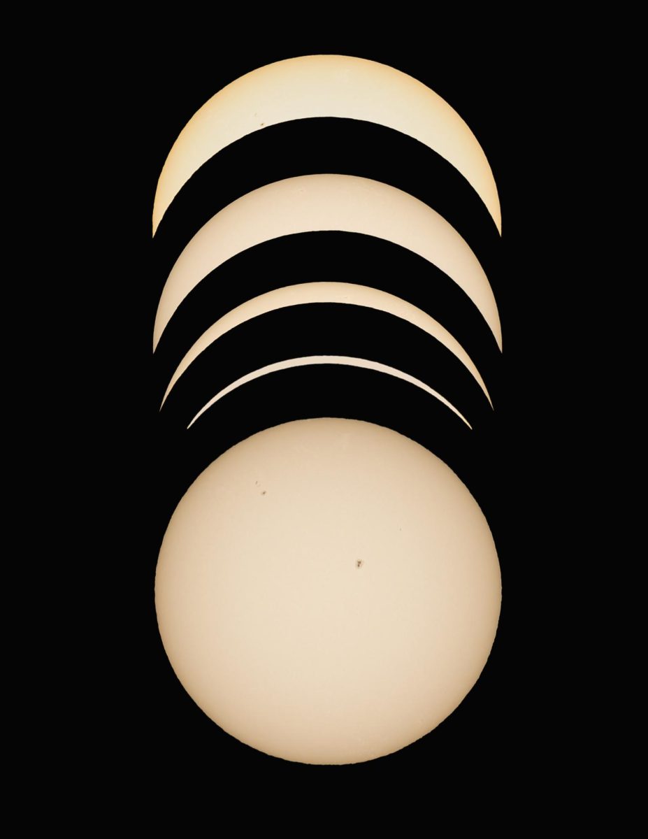 Phases of the partial eclipse are captured with an 18-stop solar filter from Ladue High School’s football field April 8. Sunspots are visible after the eclipse. They are temporary concentrated cool areas of strong magnetic fields that regularly appear on the surface of the sun. (Photo illustration by Vincent Hsiao)
