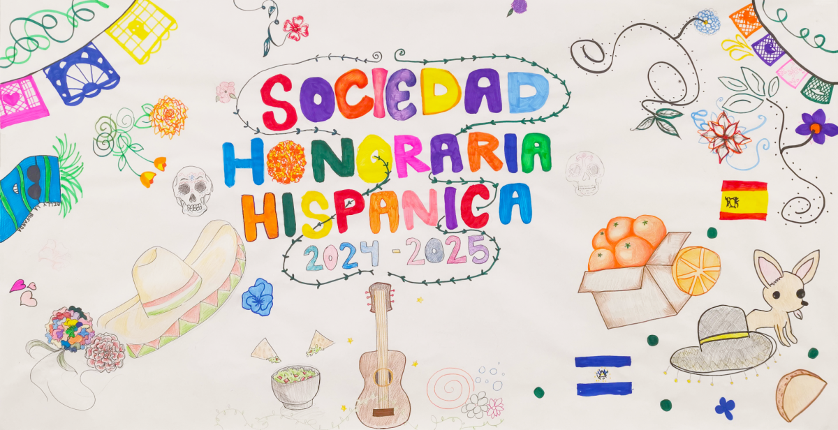 The Sociedad Honoraria Hispánica mural sits in the Modern and Classical Languages hallway. They made the poster during a weekly meeting Sept. 19. ”A lot of people wanted to incorporate characters like Billy la Bufanda and how [they] have impacted the way they see the language,” Aalaa Mahmoud (11) said.