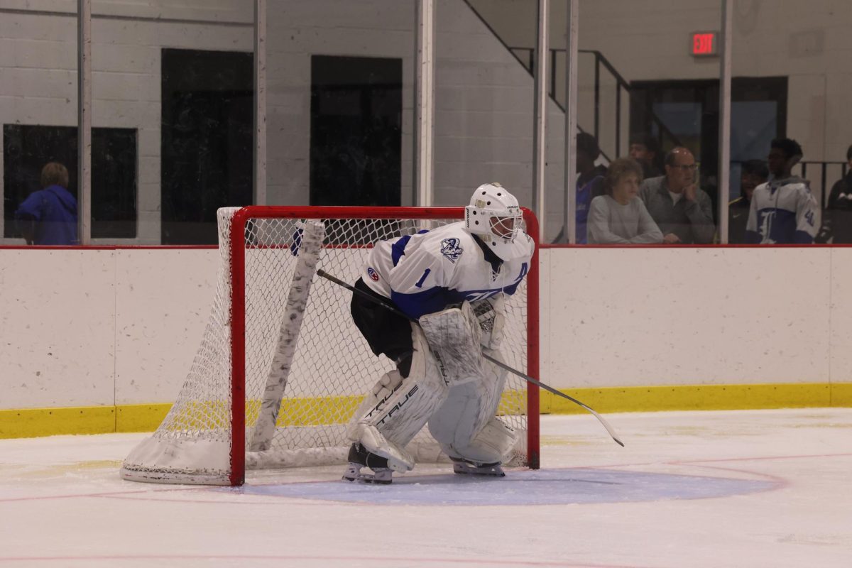 Nelson Vickar (12) defends the goal for Ladue Hockey against Westminster High
School Nov. 13. Nelson moved back to St. Louis from Long Island, New York in October and can now play Ladue Hockey. “I didn’t want to spend my senior year away from friends and
family, especially if hockey wasn’t the right path for me.” Nelson said.