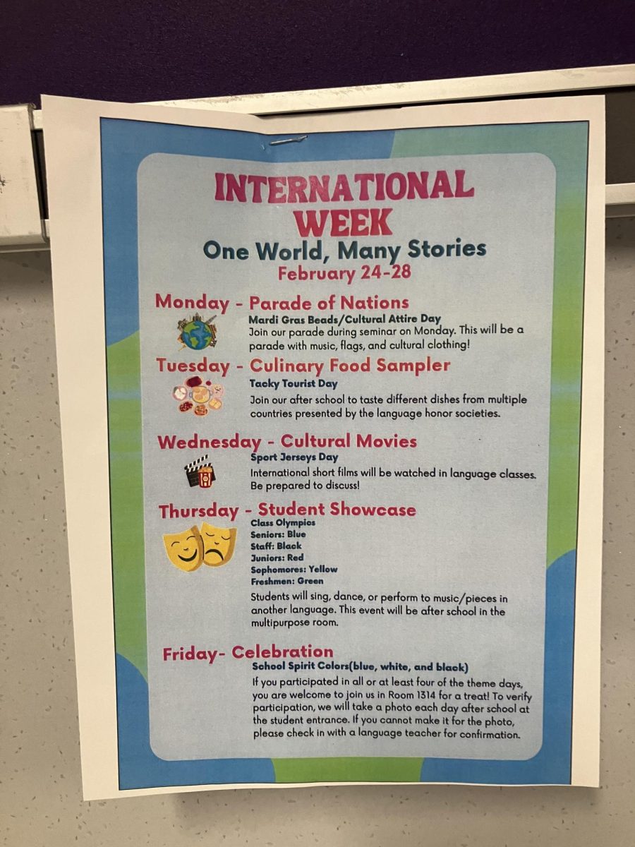 International Week poster hangs in the hallway.